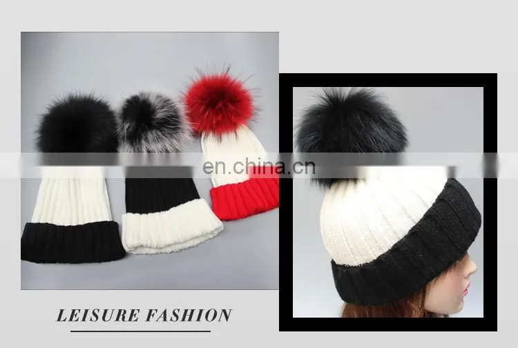 Wholesale custom winter ladies acrylic knitting beanies hat with pompon for lady