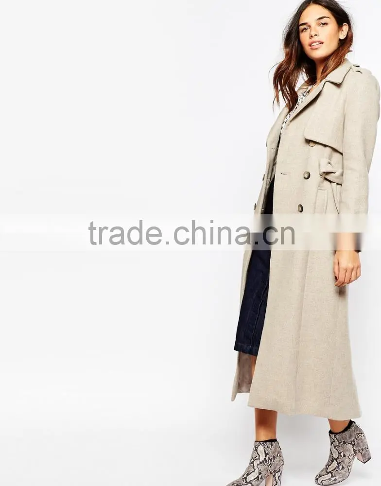 Military style long trench cashmerefitted coat for woman