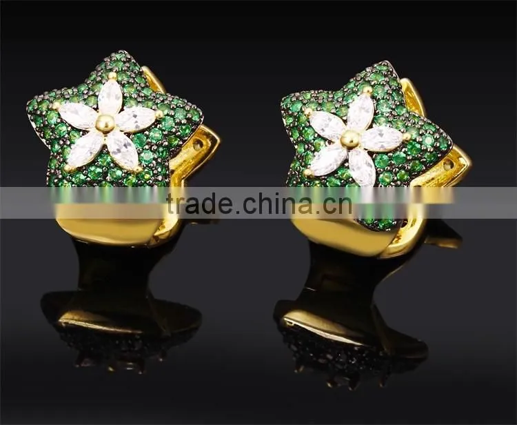 New White Gold Green Color CZ Stones Star Charm Pendant Jewelry Necklace Set
