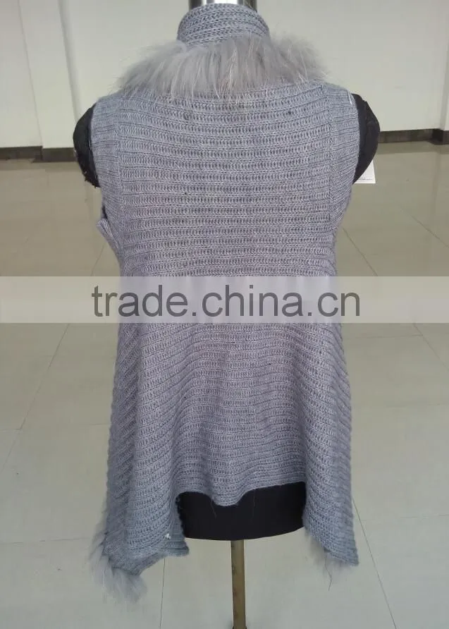QD80274 2015 New Design Free Size Sweater Knitted Raccoon Fur Cardigan Vest
