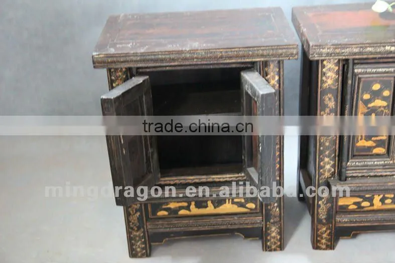 Chinese antique furniture pine wood shanxi two door black & red bedside cabinet