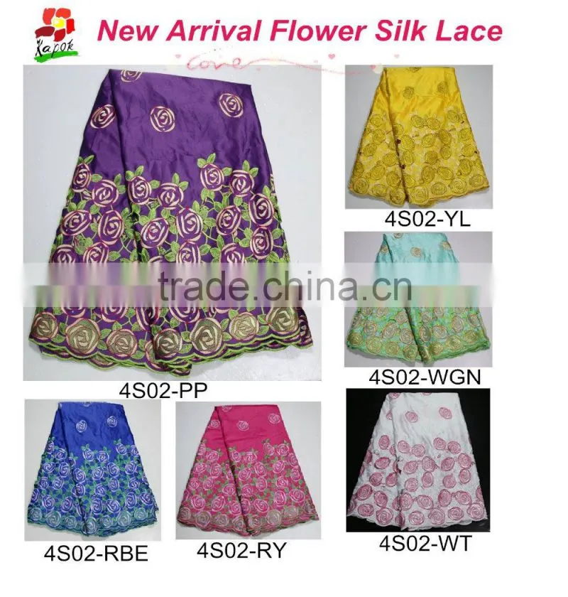 African cream silk lace fabric with velvet flowers in China