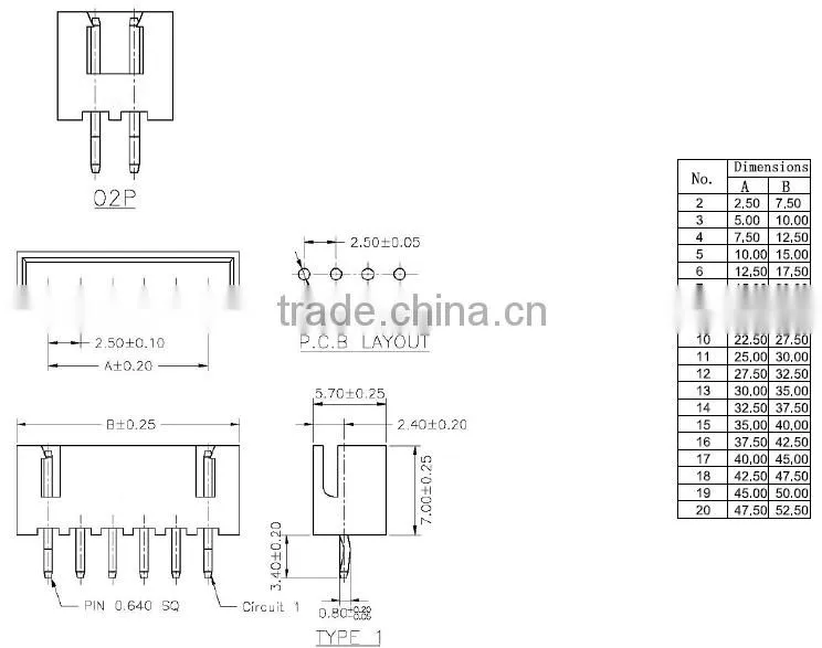 Pitch:2.50mm 90 Degree Wafer connector Single Row right angle Dip Type