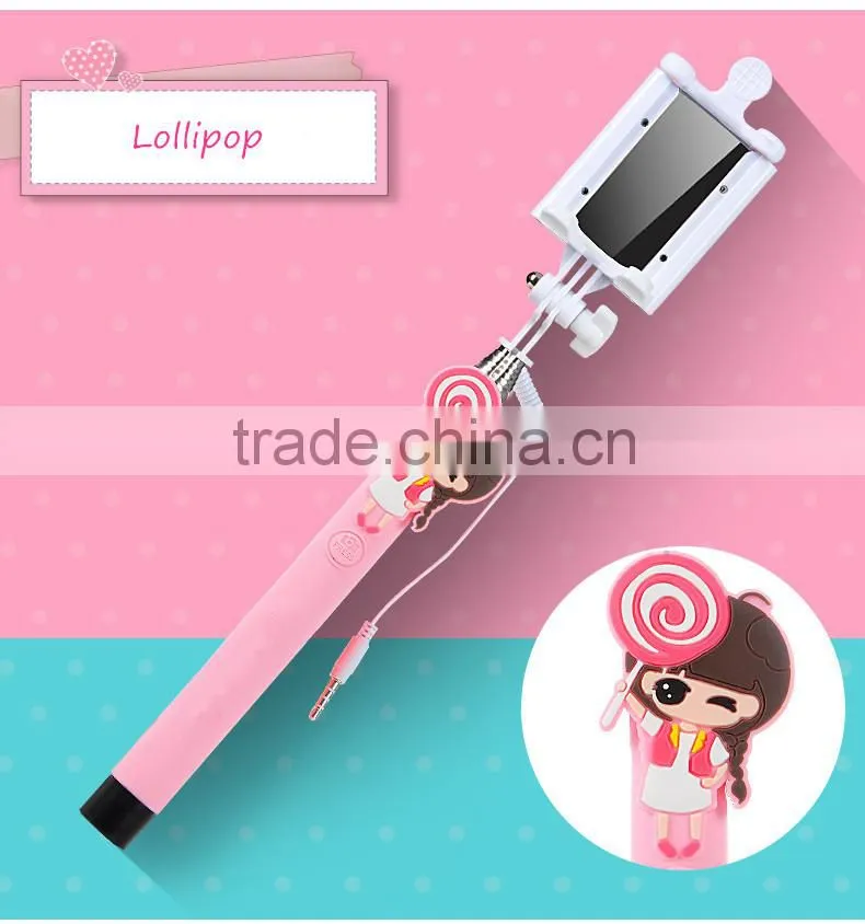 2015 Wholesale Lovely Cartoon Girl Design Portable Selfie Stick Wired Control