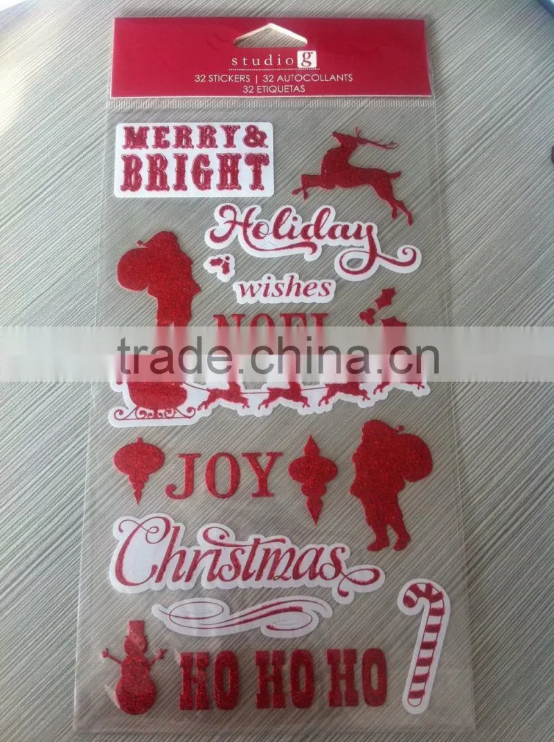 M-P007 Merry Christmas glitter pvc sticker, 5d home decor pvc wall sticker,custom pvc sticker paper