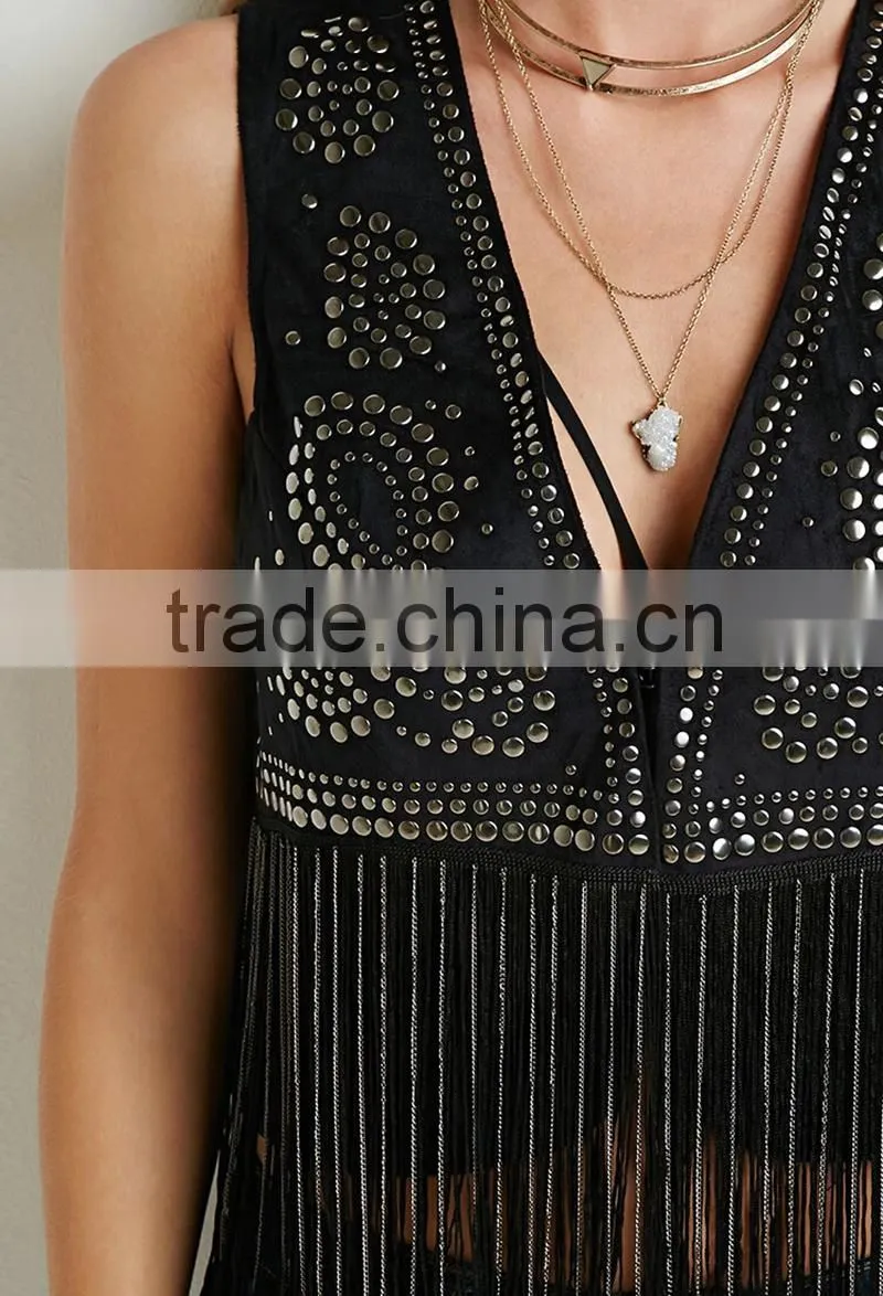 Studded fringe faux suede vest