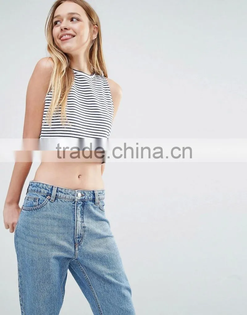 Custom label new fashion ladies tops sleeveless stripe crop top ladies