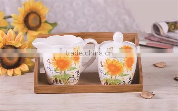 Wholesale Ceramic Creamer and Sugar Canister Set with Bamboo Stand