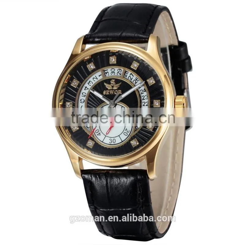 genuine leather strap man automatic watch 6hands wrist watch with diamond