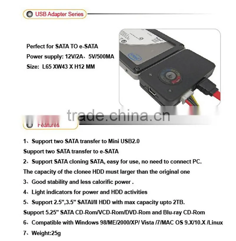 Plug&Play for 2.5/3.5 2SATA to e-SATA dual usb to sata adapter cable