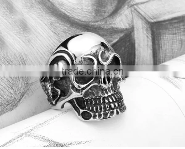 2016 engrave vintage punk skull head Antique silver 316L stainless steel ring band for men