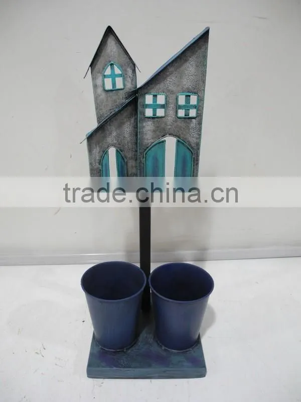 Home and Garden Decorative Planter Box with 2 Metal Pots in house Shape and Window Pane Design
