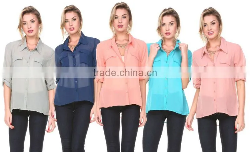 Latest Women Long Sleeve Loose Chiffon Casual Tops Button Down Shirt Ladies Blouse