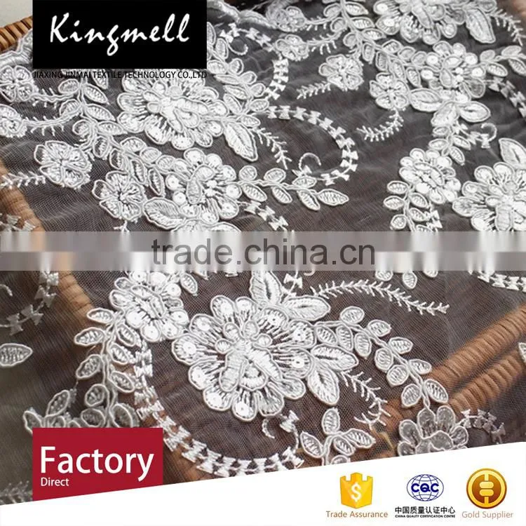 Custom digital printing polyester textile 3d flower lace embroidered fabric for women wedding dress