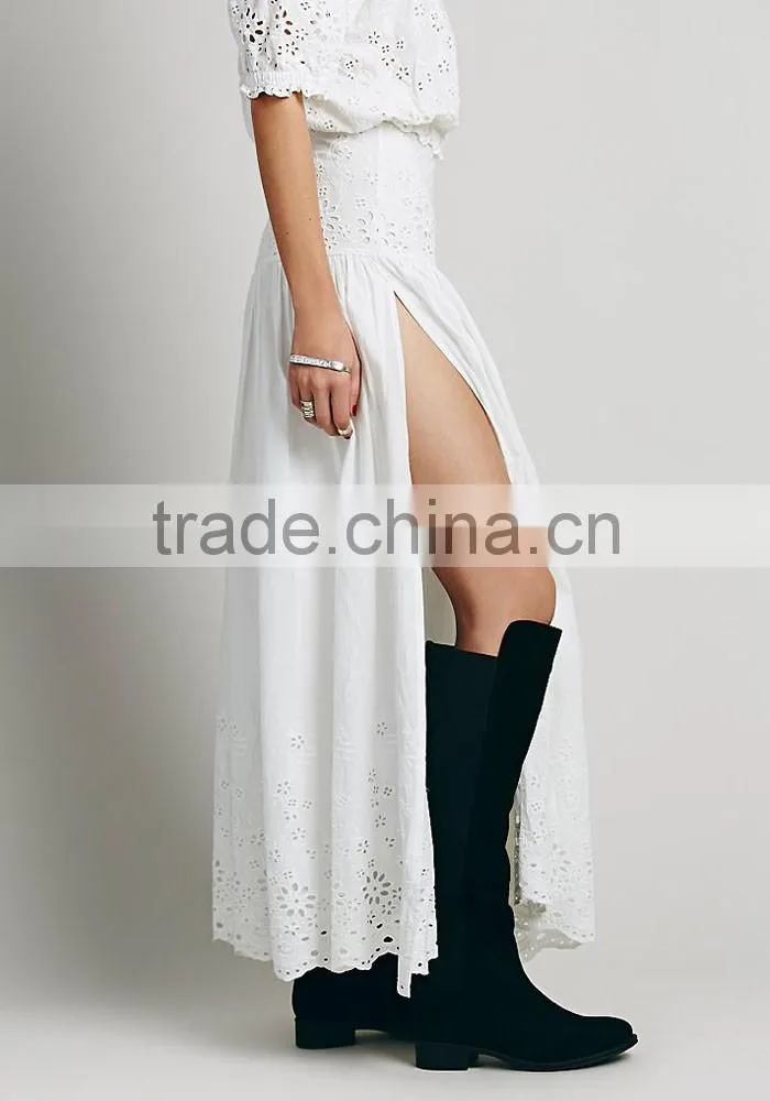 Ladies crop top and long skirt Sexy hollow out off shoulder short sleeve white beach dress