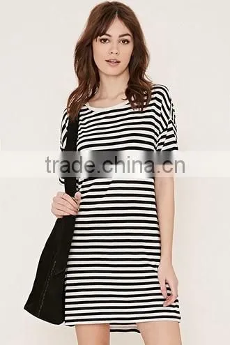 Contracted stripe straight dress with short sleeves