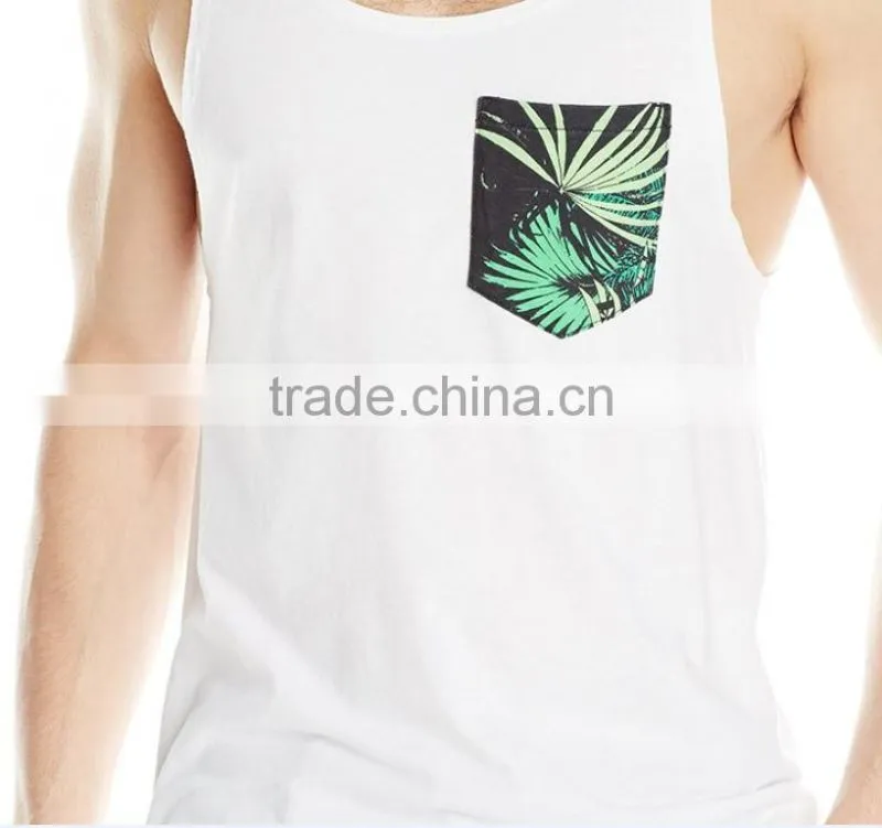 High quality white slim fit digital printing sports wear,gym wear singlet/tank top with printed pocket