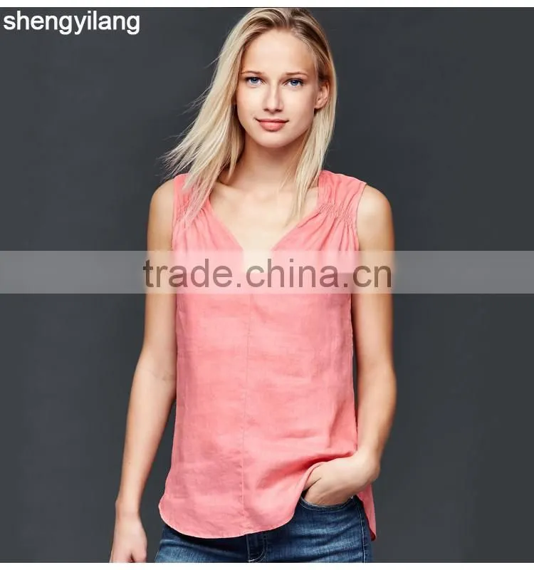 2016 newest product pure color leisure 100% linen vest custom high quality comfortable ladies tops