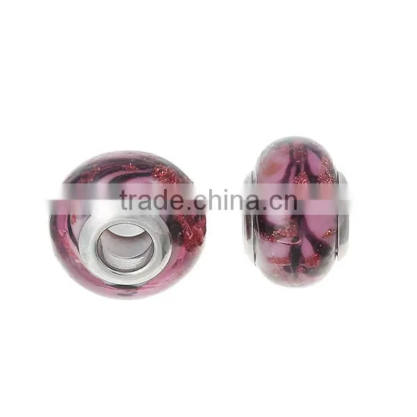 Lampwork Glass European Style Large Hole Beads Round Red Brown Pattern With 304 Stainless Steel Silver Tone Core