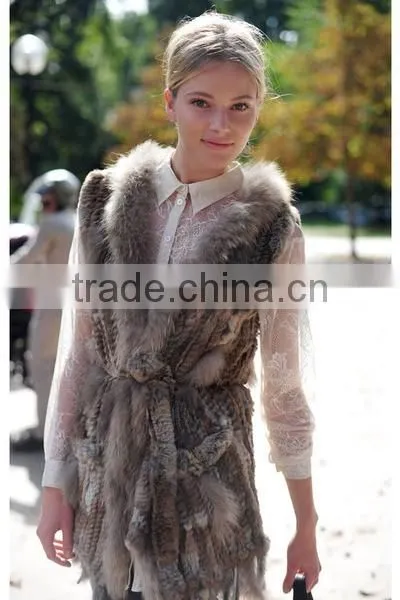Yanran Fur Factory YR250 Fashion Woman Fur Gilet with Tassels Knit Real Rabbit Raccoon Fur Vest