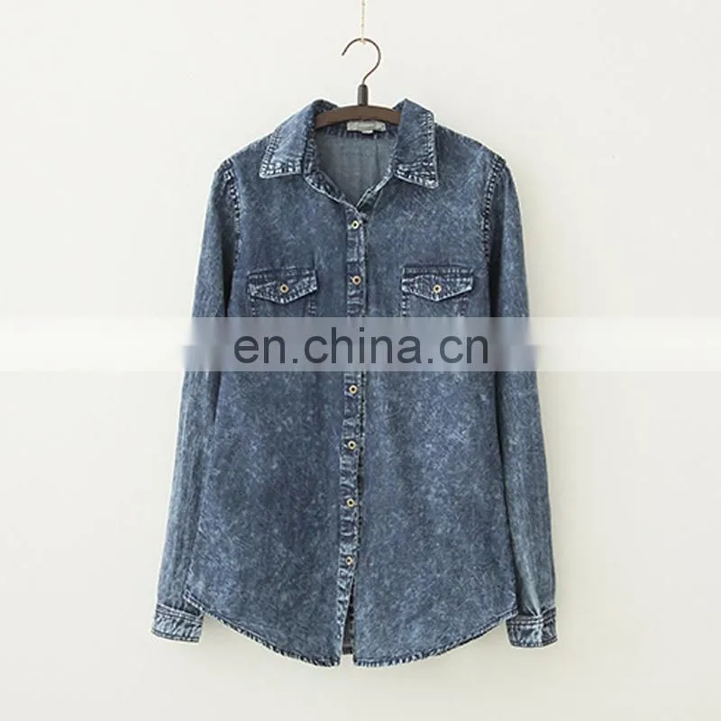 Ladies simple design loose retro long sleeve denim shirt