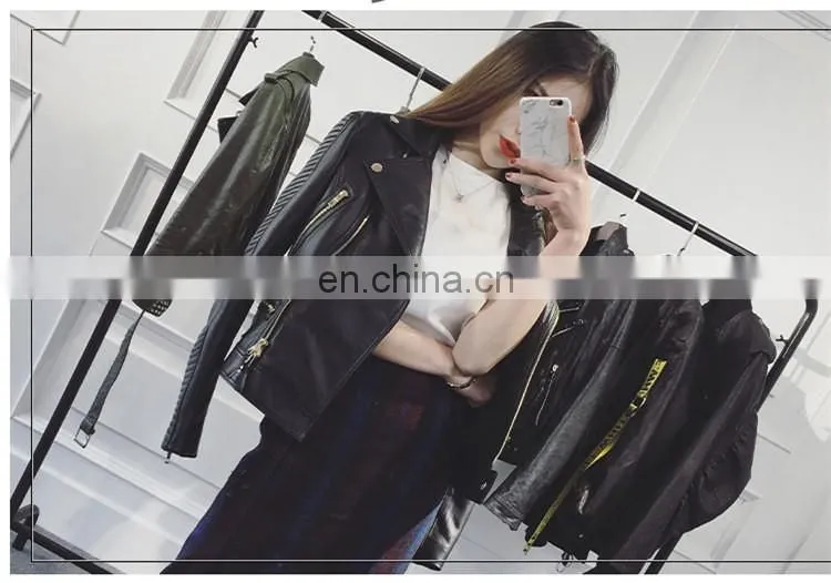 Wholesale Spring Female Long Sleeve Short Beaded Motorcycle Jacket Excelled Leather Jacket