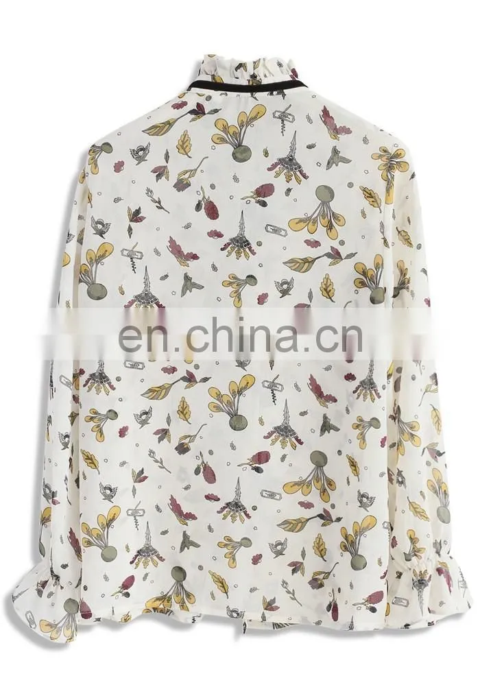 Women Latest Fashion Blouse Designs Flora Printed Long Sleeves Sheer Chiffon Blouse