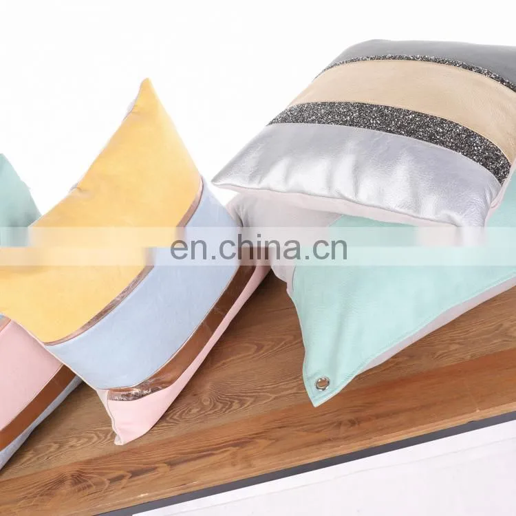 Decorative Luxury High Quality Recycling Faux Leather Lumbar Pillowcase Throw Pillow Case with PU Patchwork