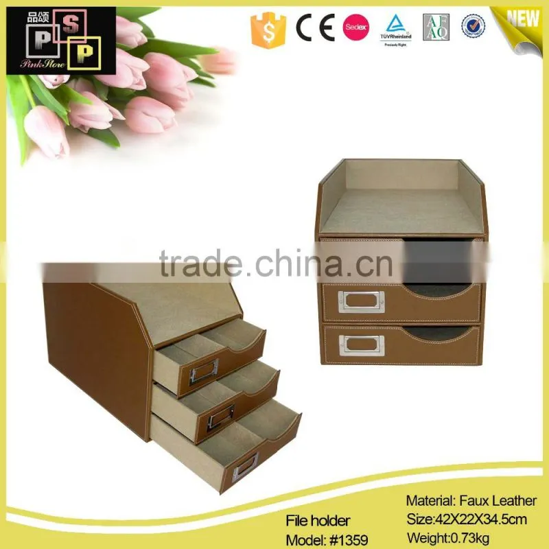 Fashion Style Big PU LEATHER Covered Files Holder With Drawer,Desktop