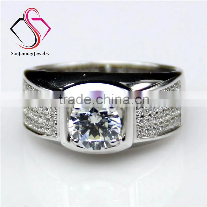 Round Brilliant Cut Moissanite 1CT 6.5mm Center 14k 18k White Gold 4 Row Accents Wide Wedding Band Men's Diamond Band