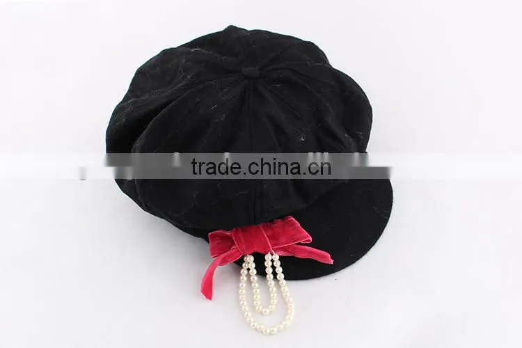 2015 New style original baby girls peaked baseball beret cap with bownot and pearls