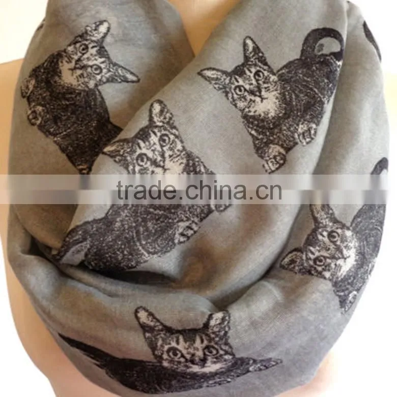 Wholesale Vogue Popular Women Daily Must-have Polyester Voile Fabric Cute Cat Print Infinity Neck Tube Scarf