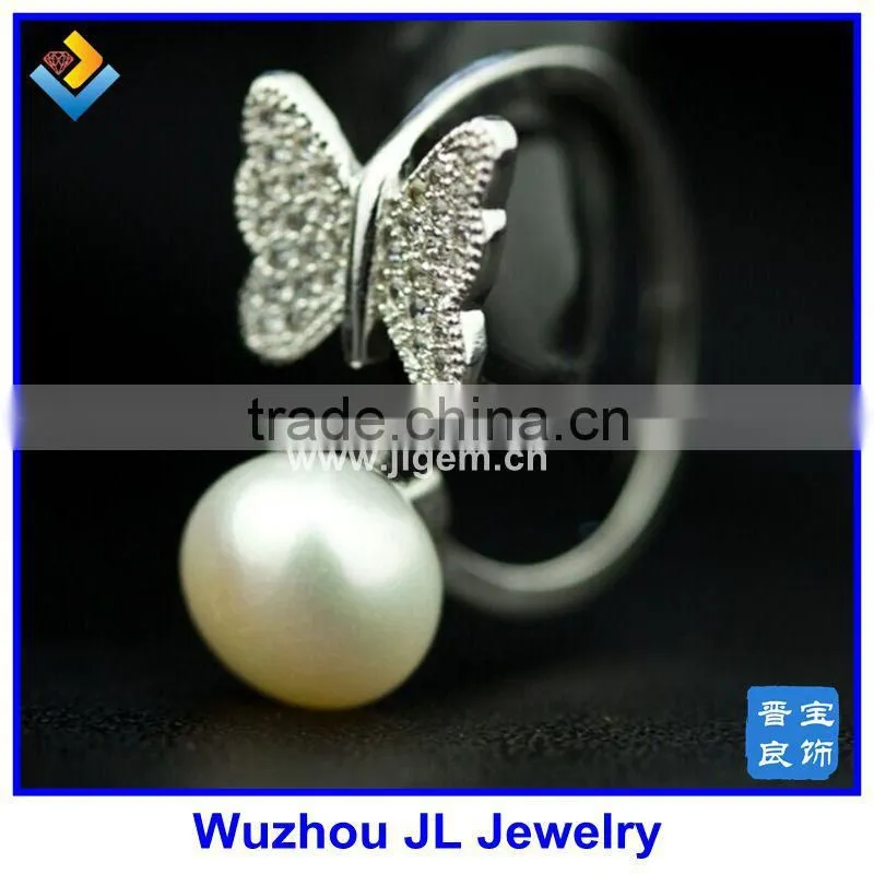 Cubic Zirconia Stone Butterfly And Natural Pearl Gemstone Fashion Silver Ring