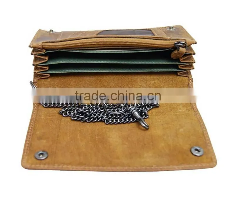 Brown vintage genuine leather chain wallet men's biker wallet with button closure