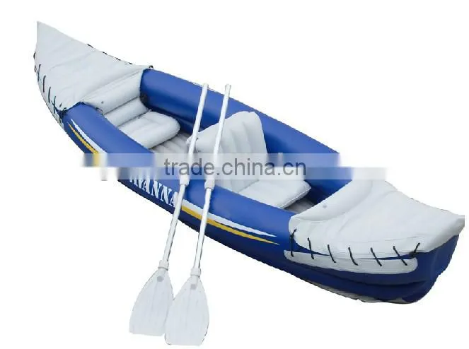 2 men inflatable canoe with paddle