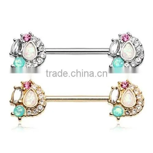 Opal Sparkle Nipple Ring Surgical Steel Barbell