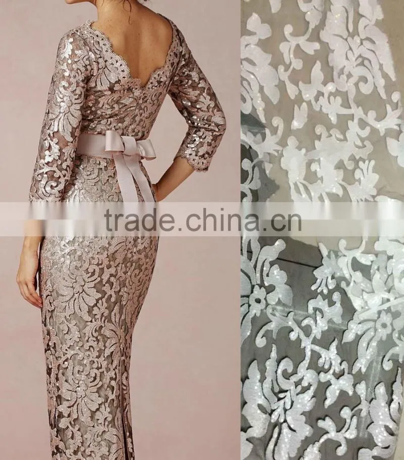 Wholesale Fancy sequins lace fabric for bridal and girls dress white sequined mesh lace french net lace textile