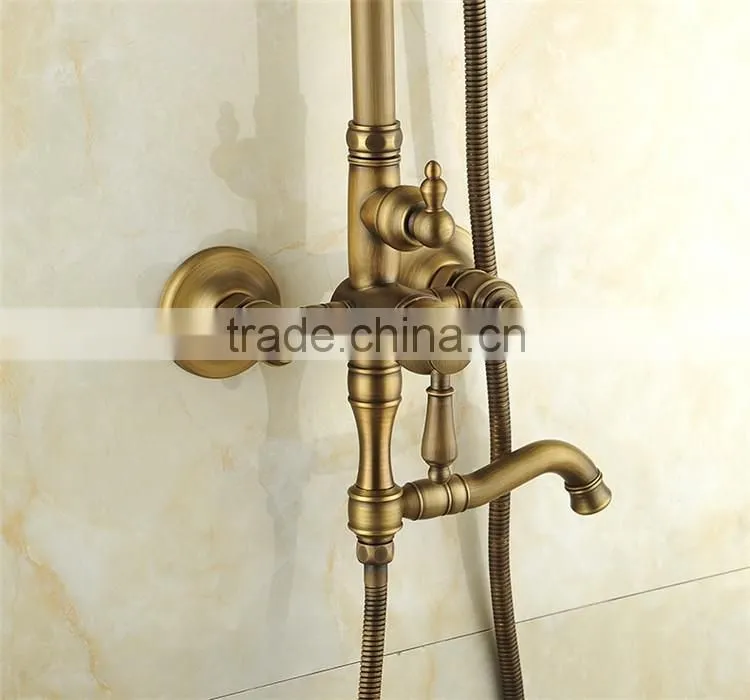 Popular antique style bathroom gold colored brass rainfall shower set antique bronze surface mounted bath shower set