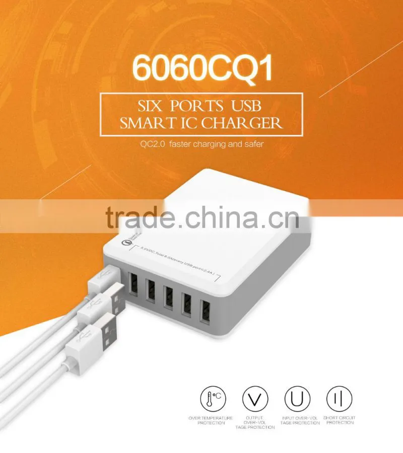 Qualcomm QC2.0 6 Ports tablet charger 40W 8A USB Charger adpater multiple usb travel charger
