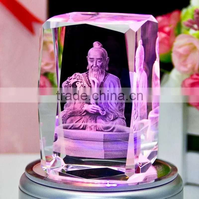 3D laser figure of buddha crystal cube souvenirs with LED light base