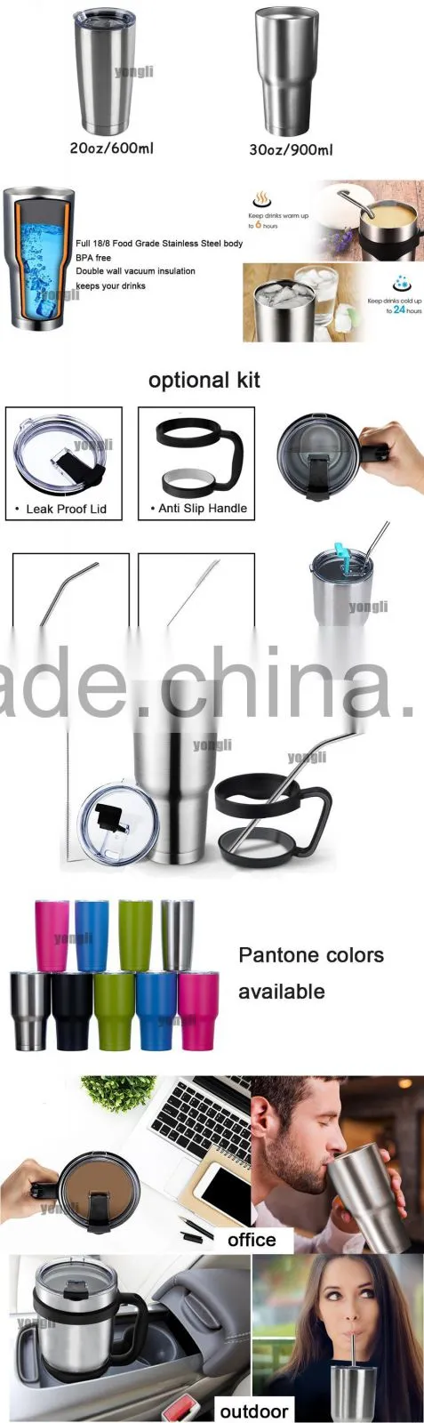 Removable Handle Stainless Steel Tumbler 30 oz with Sliding Lid