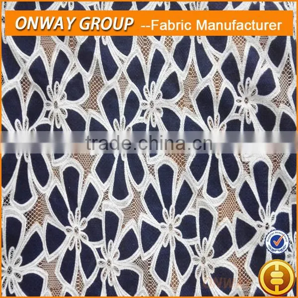 shaoxing china textile city produced ladies fashion wear in polyester cotton burn-out african net lace fabric