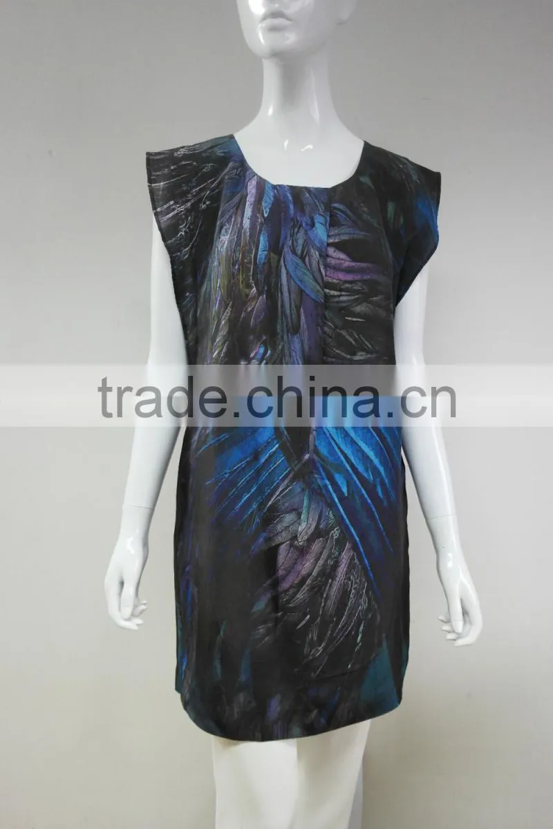 Fashion ladies sleeveless 100%silk habotai fixed printed dress