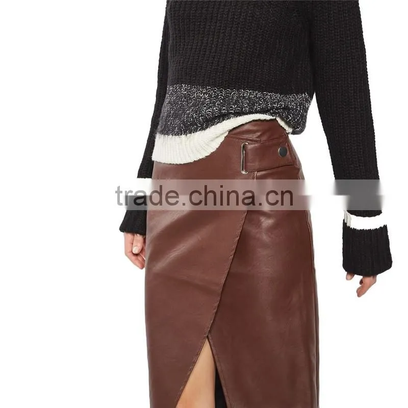 2017 OEM Spring Elegant Snap Wrap Midi Faux Leather Skirt