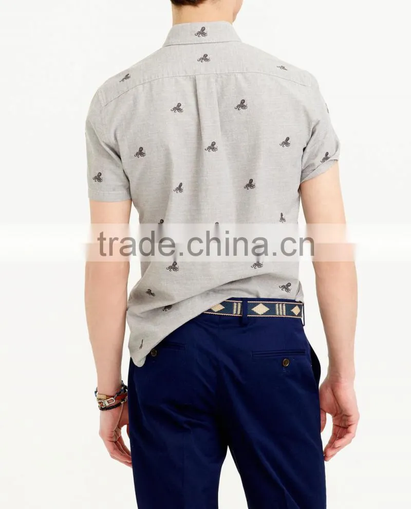 2015 new arrival short-sleeve chambray shirt with embroidered octopi button-down collar with pocket