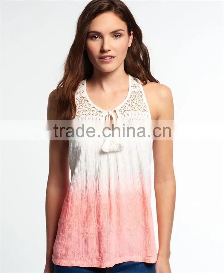2017 Guangzhou Shandao New Summer Arrival Women Sleeveless Round Neck Lace Collar Crinkle Cotton Designer Casual Tops