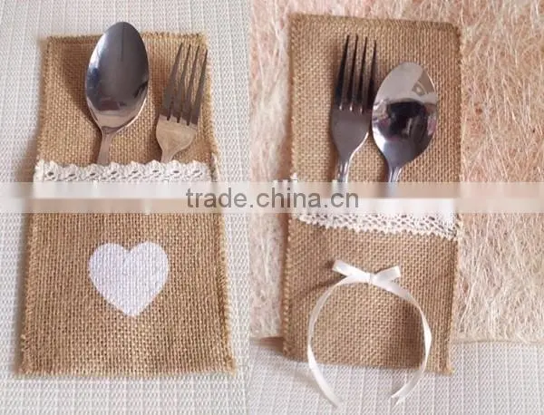 Hessian Burlap Lace Bags Wedding Cutlery Holder Pouch Table Decoration SPT128