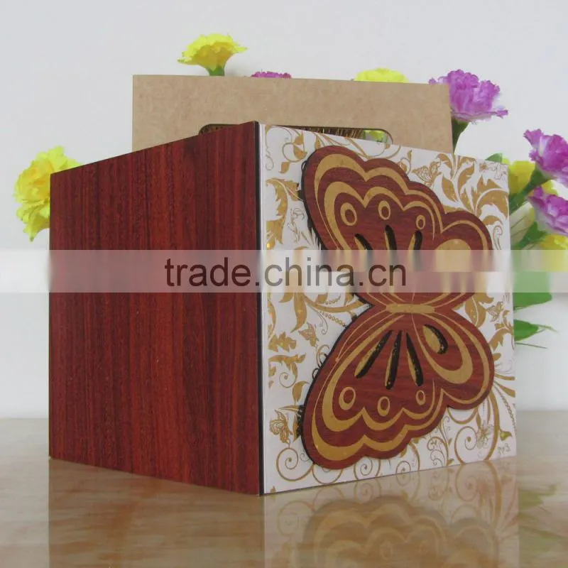 2016 Most Popular Design Beautiful Butterfly Wooden Wedding Cards with Handbag
