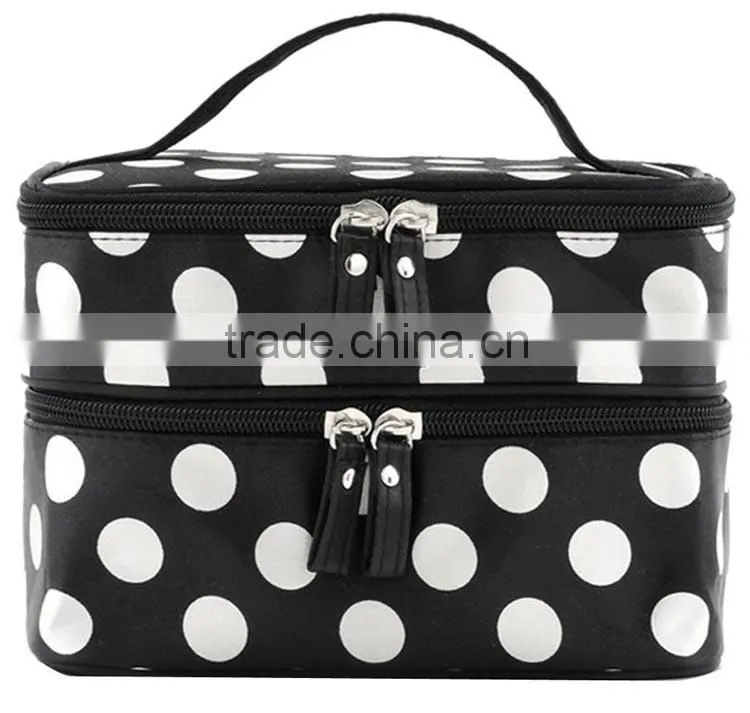 Cosmetic Bag Double Layer Dot Pattern Travel Toiletry Bag Organizer With Mirror,Polka fabric makeup train artist case
