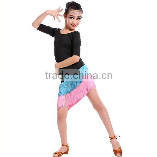 Cheap in-stock high quality elegant Children Latin dance skirt long sleeve + tassel kids latin dance dress wholesale